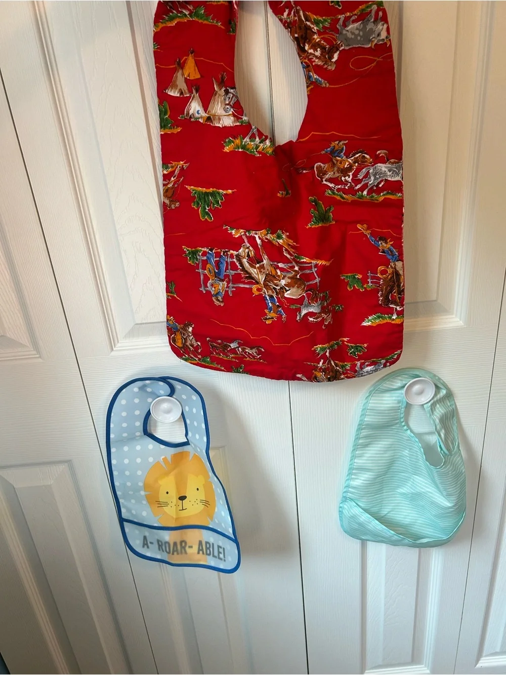 Baby Bib Set of 3 - Light Blue Stripes & Blue Lion Print & Large Red Patterned